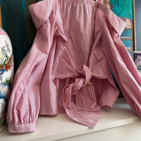 Laundry by Shelli Segal Striped Red Nautical Off Shoulder Bow Blouse Size 10 - Picture 5 of 15